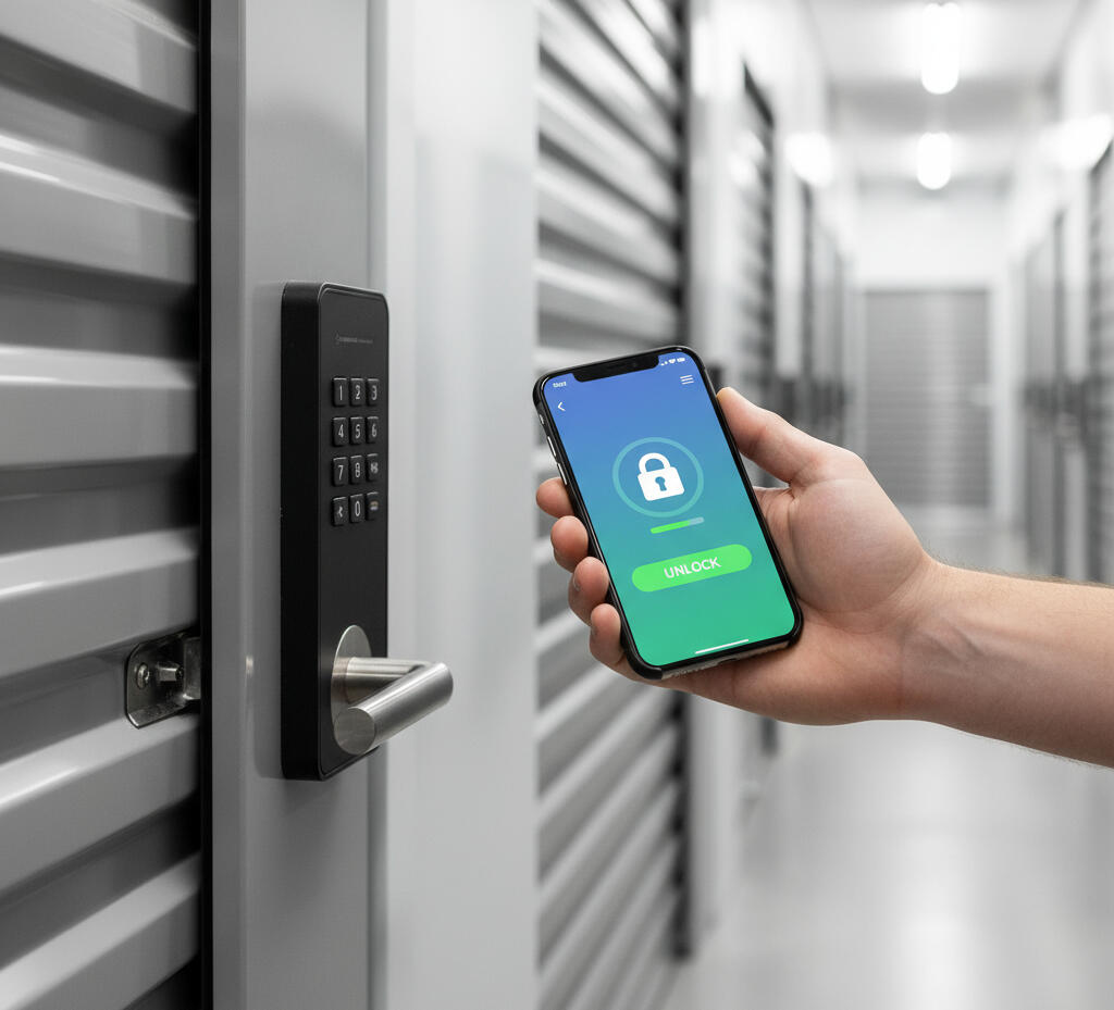 Planned Locked Self Storage Alloa – Smartphone Access for 24/7 Entry Close-up of a smartphone unlocking a secure storage unit door at the planned Locked Self Storage Alloa, showing 24/7 smart access, modern technology, and convenience for households and businesses.